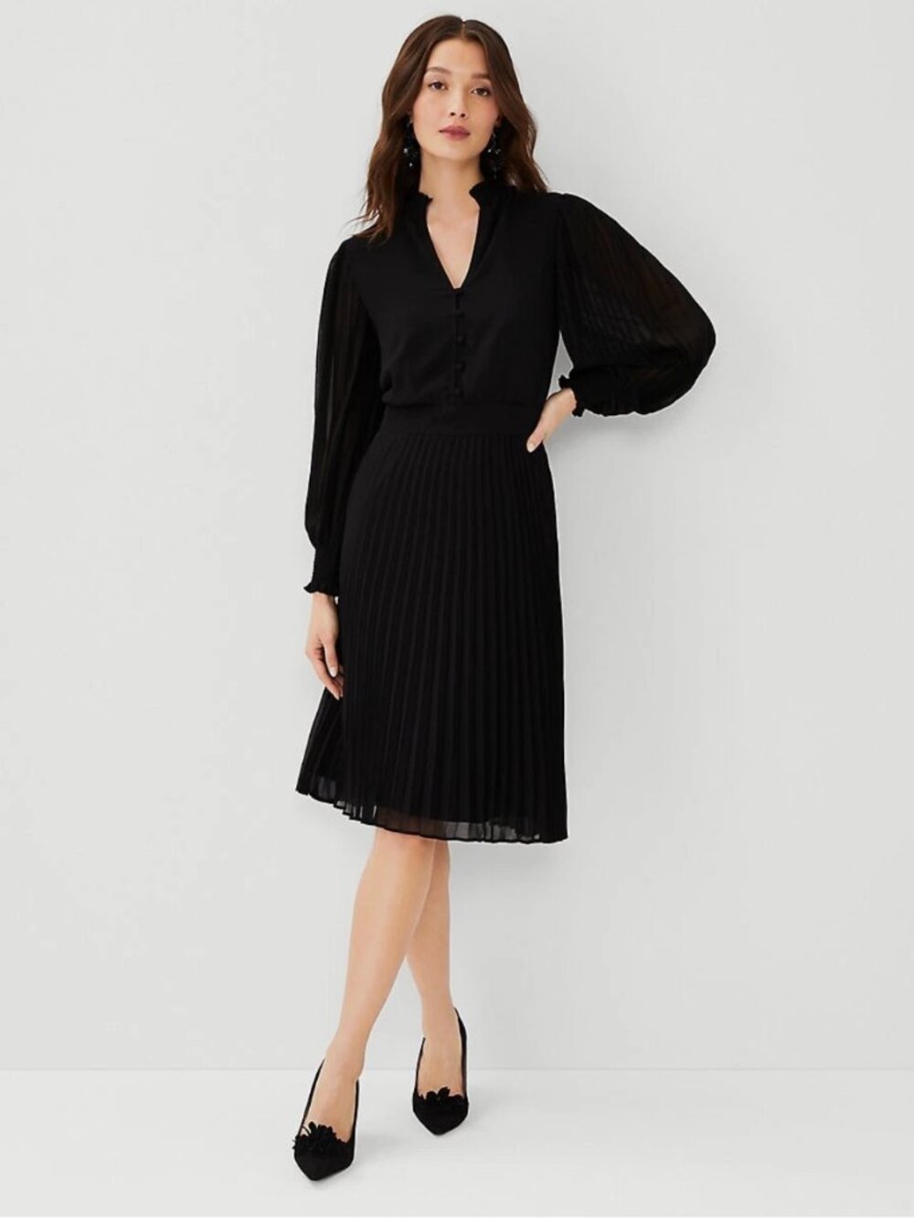 Ann Taylor Black Chiffon Pleated Long Sleeve Midi Dress Size 12